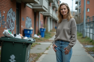 Femme d'âge moyen observant des déchets dans un environnement urbain dégradé