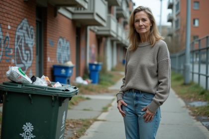 Femme d'âge moyen observant des déchets dans un environnement urbain dégradé