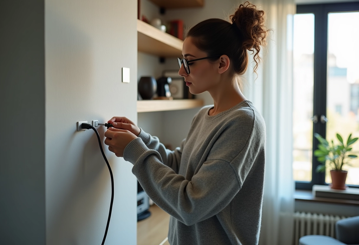 Femme vérifiant la connexion d un câble coaxial dans un appartement