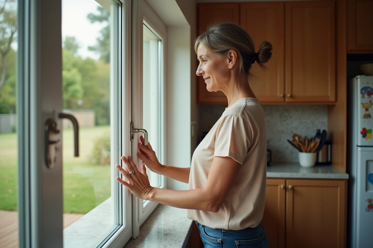 Femme vérifiant la sécurité des fenêtres dans la cuisine