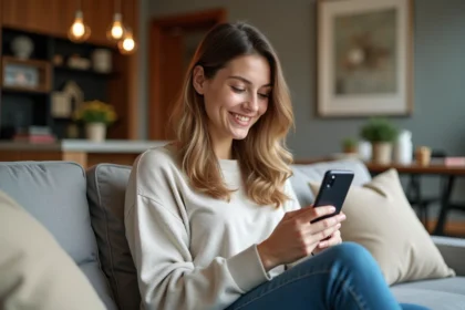 Jeune femme explore une visite virtuelle de maison sur son smartphone