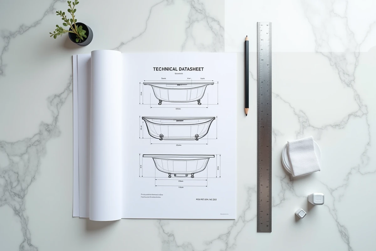 Fiche technique fabricant de baignoire avec dimensions et contenance en litres sur plan de travail en marbre