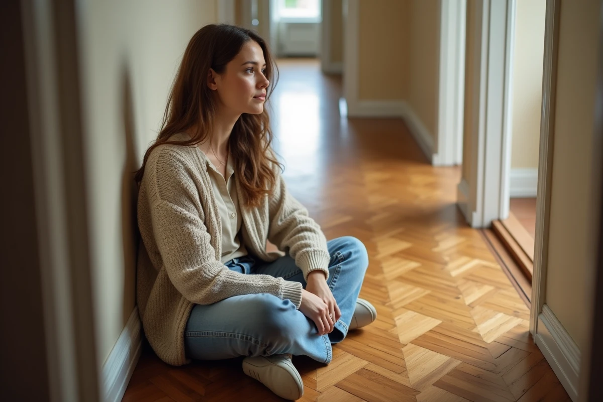 Jeune femme assise sur un parquet en discutant