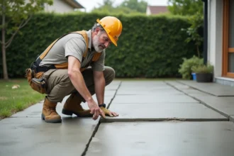 Artisan constatant une fissure sur une terrasse en béton fraîchement coulée, erreur coûteuse lors de la construction