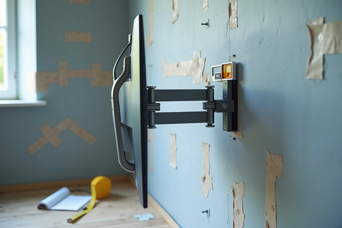 Gros plan sur une fixation murale de télévision avec chevilles métalliques dans un mur en placo, incluant un niveau à bulle et une étiquette de charge maximale