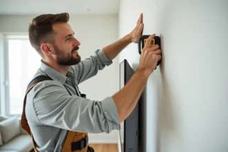 Professionnel mesurant un mur en placo avant fixation d'un support de télévision dans un salon familial