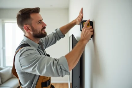Professionnel mesurant un mur en placo avant fixation d'un support de télévision dans un salon familial