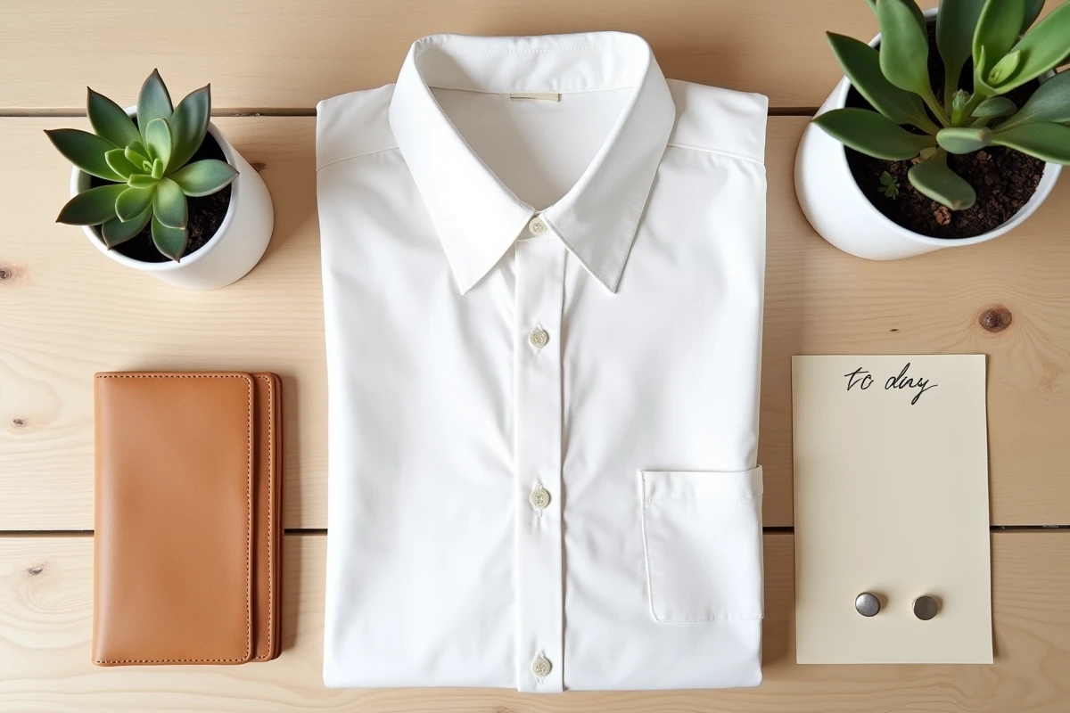 Flat lay minimaliste sur bureau en chêne avec vêtements capsule, accessoires neutres et plante succulente