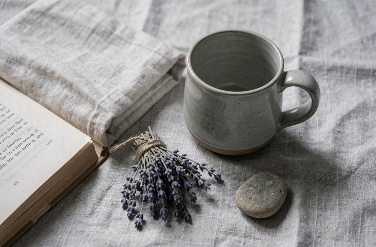 Flat-lay hygge minimaliste avec tasse en grès, livre ouvert, lavande séchée et galet sur surface en lin texturé, décoration refuge introverti