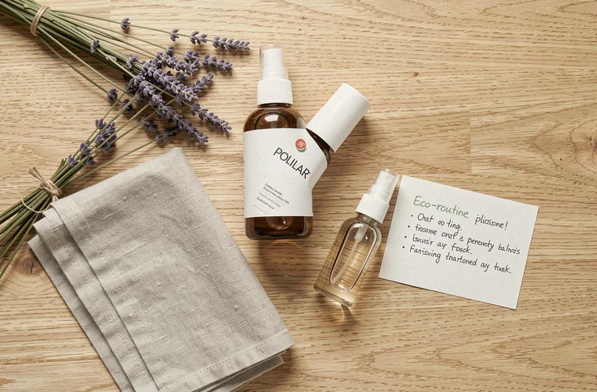 Mise en scène flatlay d'une routine entretien écologique avec produit POLILAR, lin naturel et lavande séchée