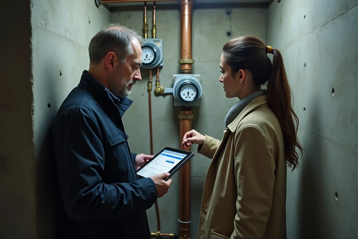 Gestionnaire immobilier et locataire consultant ensemble un sous-compteur d'eau dans la chaufferie d'un immeuble