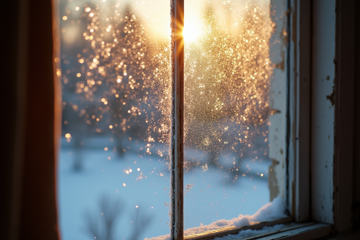 Givre et condensation sur une fenêtre ancienne en intérieur chaud
