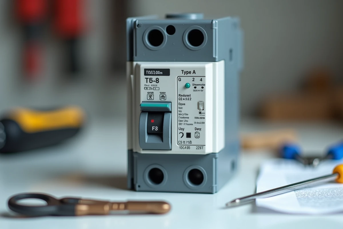 Gros plan d'un disjoncteur différentiel type A posé sur un établi avec outils d'électricien