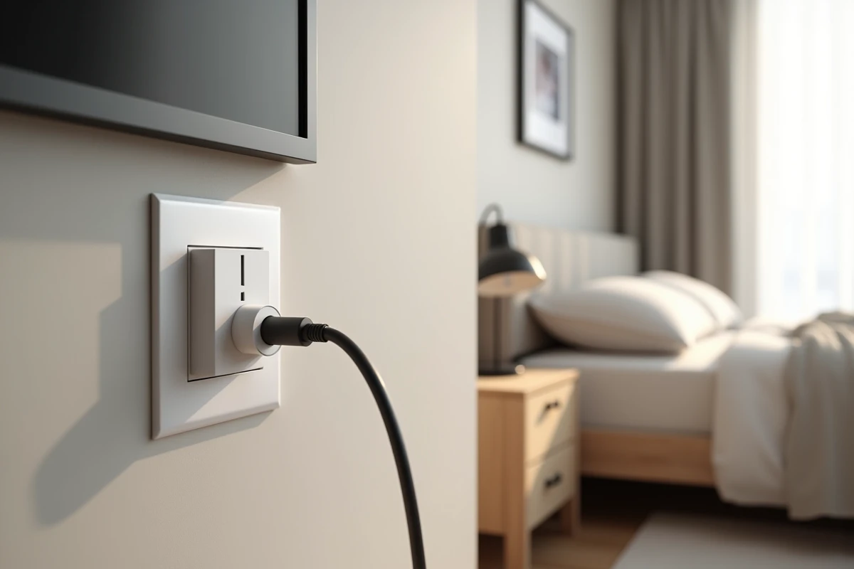 Gros plan sur une double prise TV et électrique encastrée dans une chambre minimaliste avec câble dissimulé