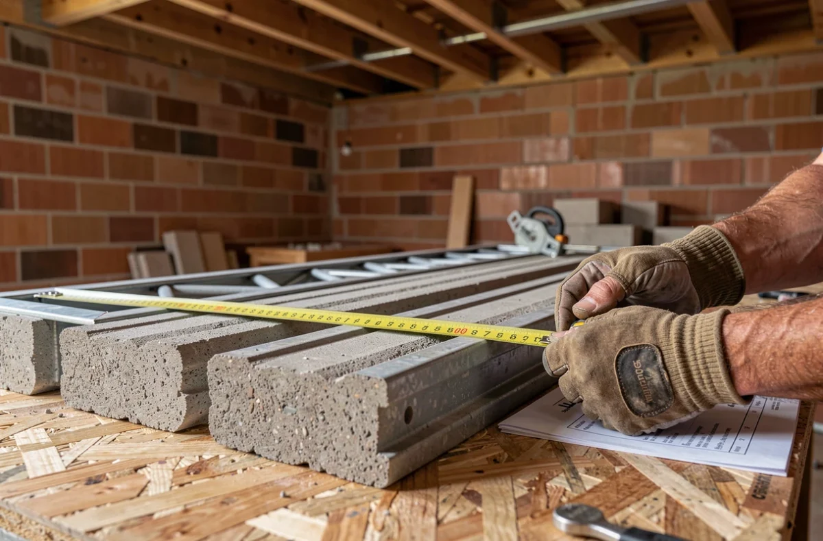 Gros plan sur une poutrelle hourdi et un treillis métallique mesurés par un maçon expérimenté sur chantier