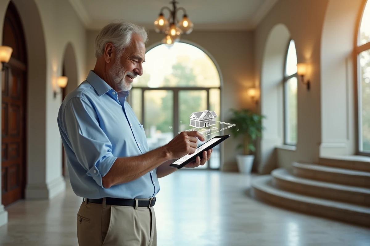 Homme âgé navigue une visite virtuelle immobilière sur tablette