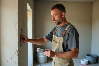 Homme en overalls appliquant enduit de chanvre intérieur