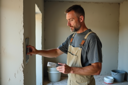 Homme en overalls appliquant enduit de chanvre intérieur