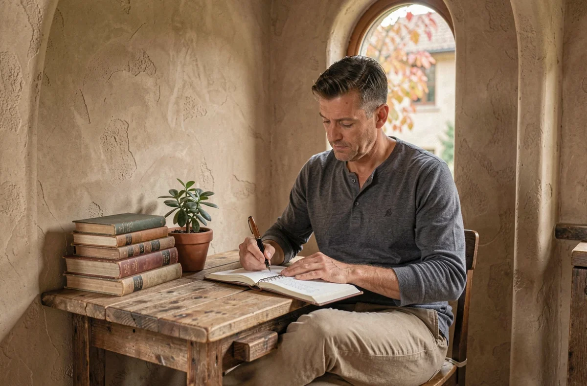 Homme introverti dans un coin bureau hygge avec bureau en bois recyclé, journal et plante terracotta, décoration cocooning et refuge personnel