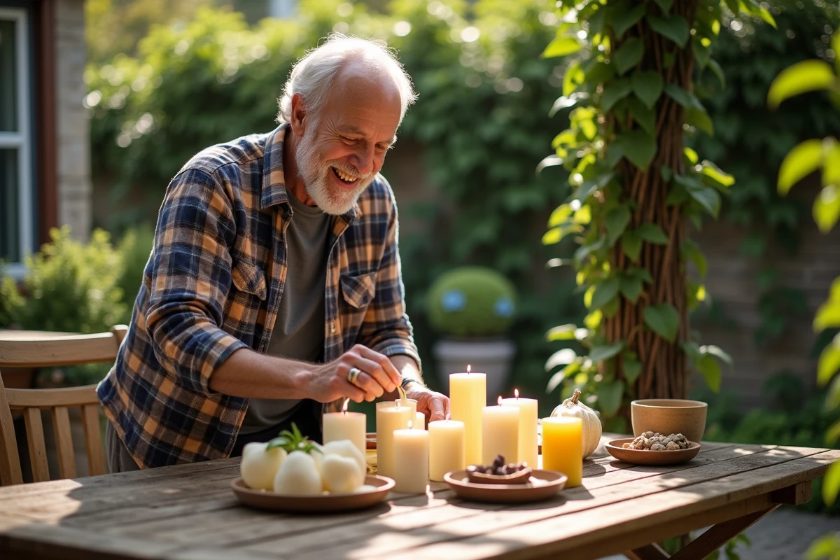 Homme arrangeant des bougies naturelles sur une table extérieure
