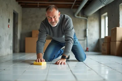 Homme au jeans et pull gris nettoyant le carrelage au sol