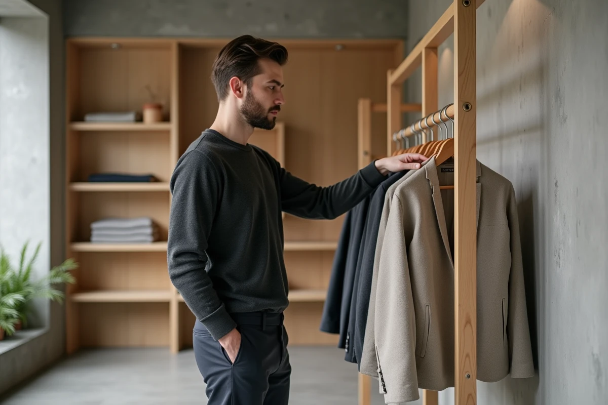 Homme en pull minimaliste gris explorant des vêtements neutres dans un concept store épuré en béton