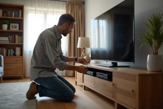 Homme connectant un câble coaxial à une télévision moderne