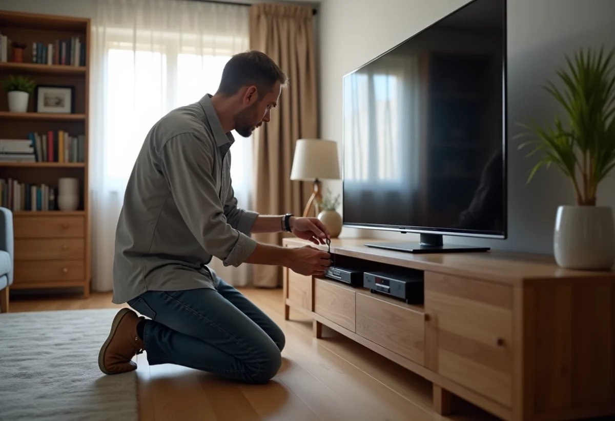 Homme connectant un câble coaxial à une télévision moderne