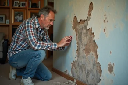 Homme regardant un mur endommagé dans le salon