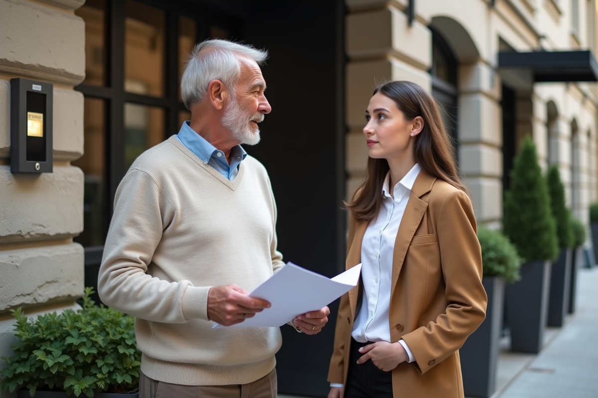 Homme senior parlant à une jeune femme devant un immeuble
