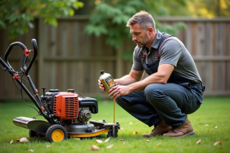 Homme en overalls remplissant l'huile du coupe-baille dans le jardin