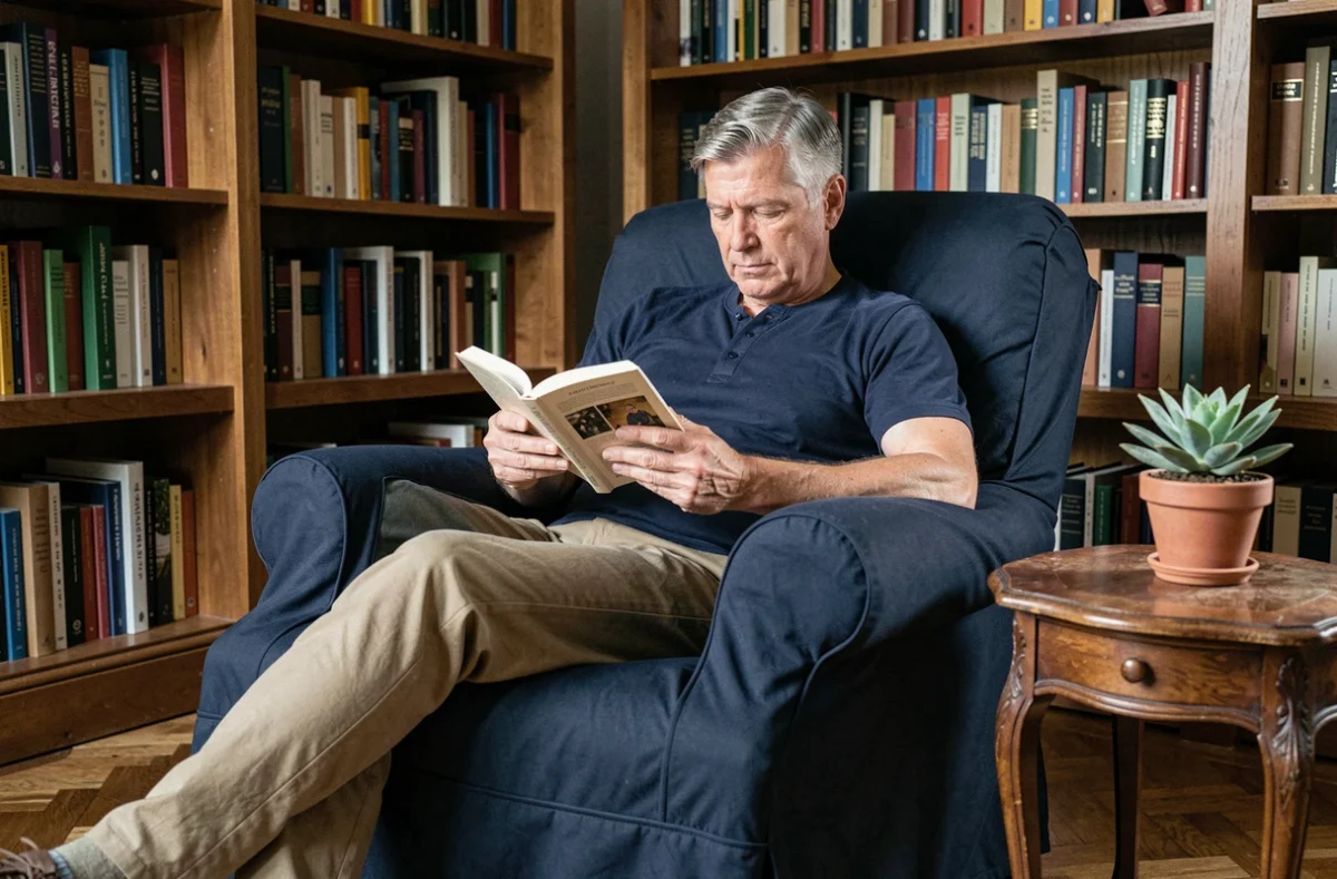 Homme lisant dans un fauteuil relax incliné recouvert d'une housse extensible bleu marine dans une bibliothèque confortable