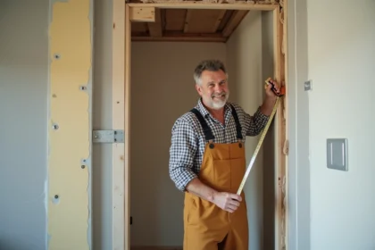 Homme en overalls mesurant l'isolation dans une pièce en rénovation