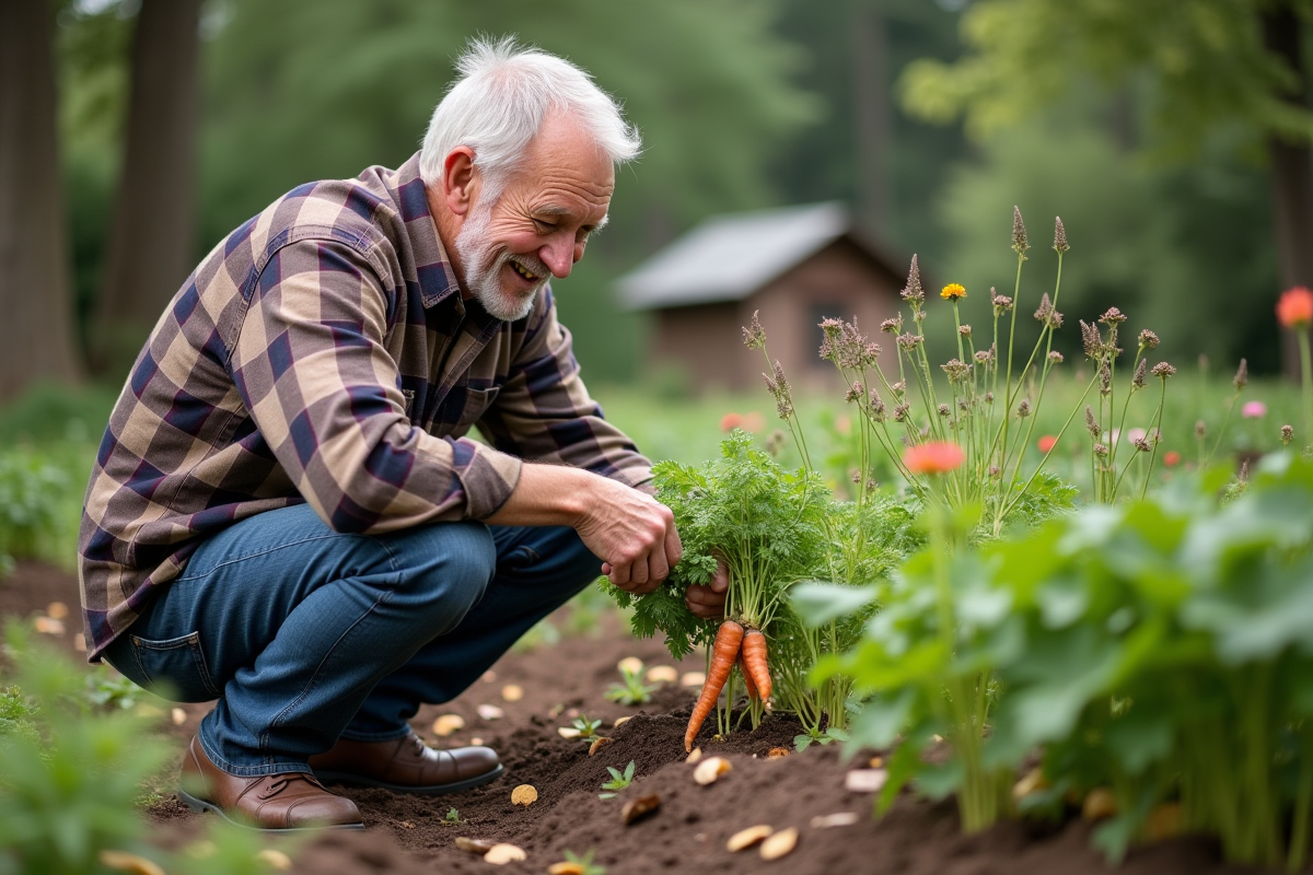 Homme âgé examinant des fleurs sauvages dans le potager