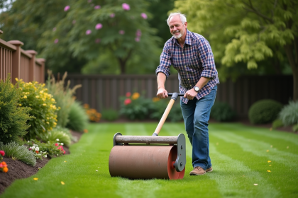 Homme d'âge moyen poussant un rouleau dans un jardin verdoyant