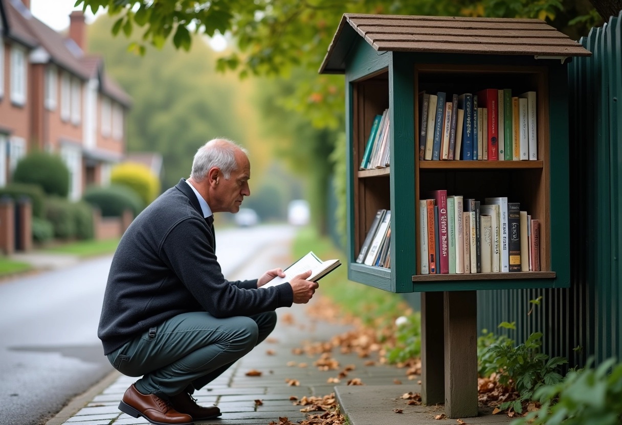 Homme examinant un livre dans un kiosque à livres en extérieur