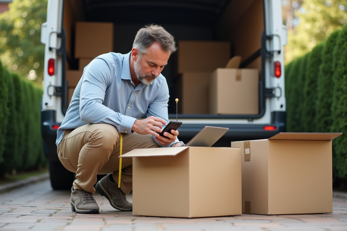 Homme mesurant une boîte dans une allée de déménagement