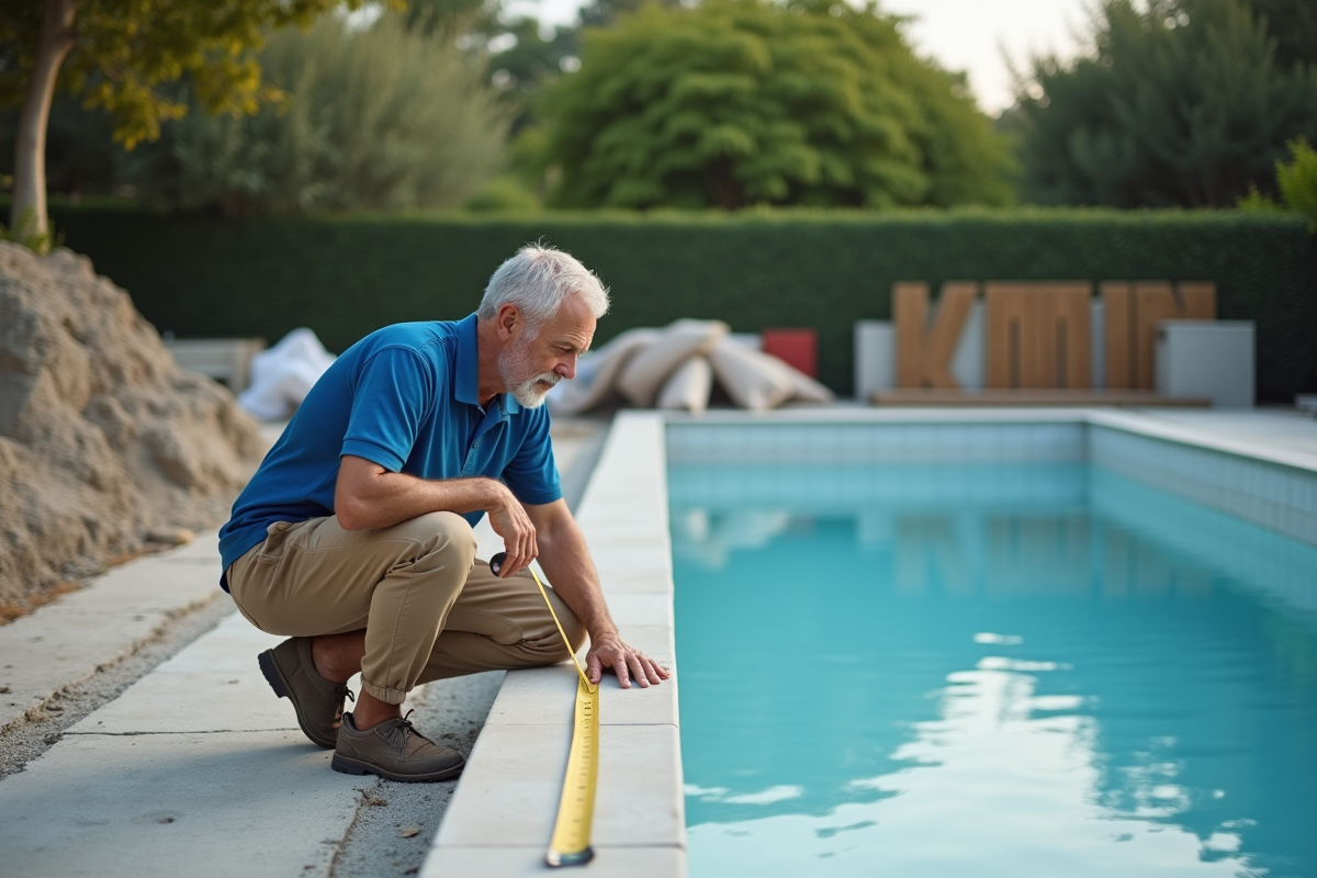 Homme mesurant le chantier de la piscine en construction