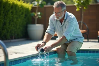 Homme nettoyant un filtre de piscine dans un jardin