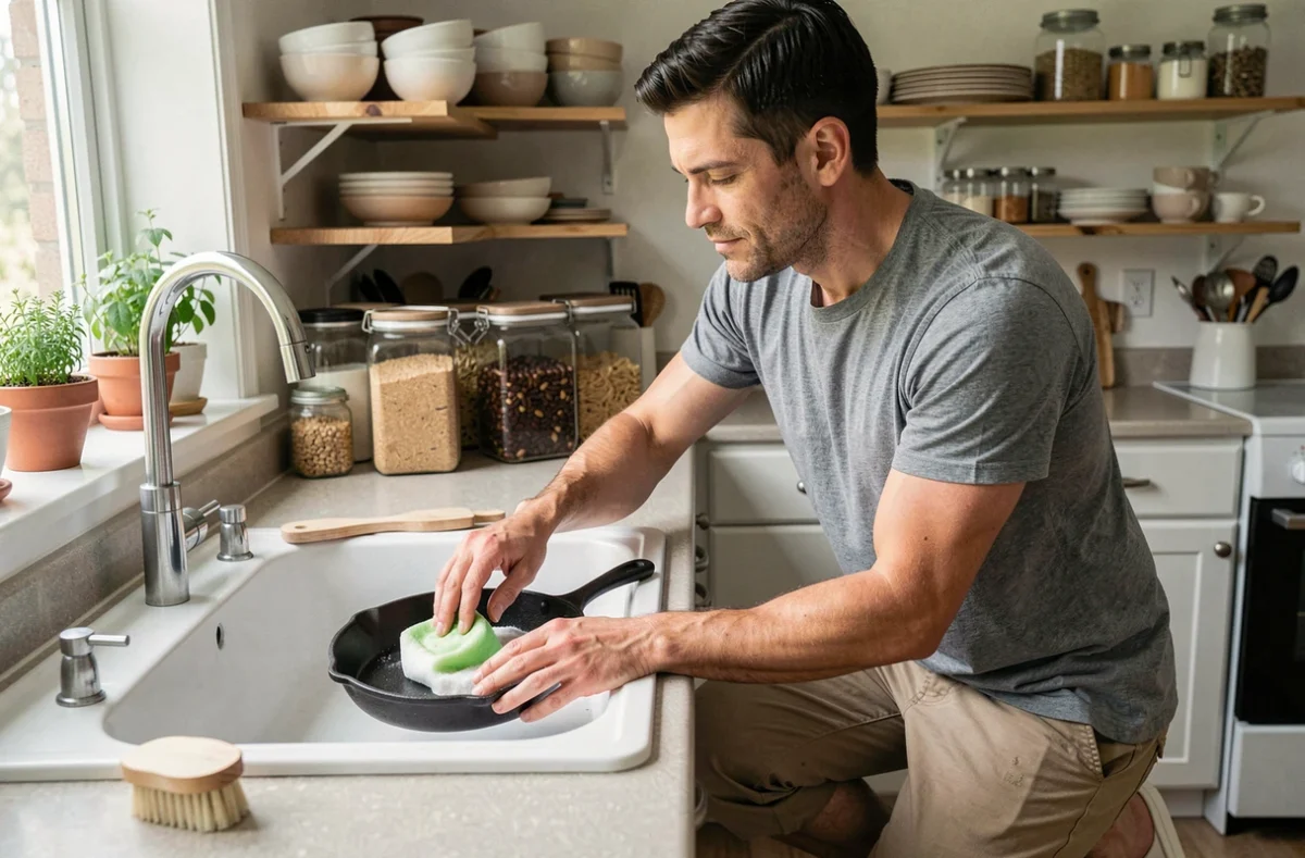 Homme utilisant le nettoyant POLILAR pour entretenir une casserole en fonte dans une cuisine zéro déchet