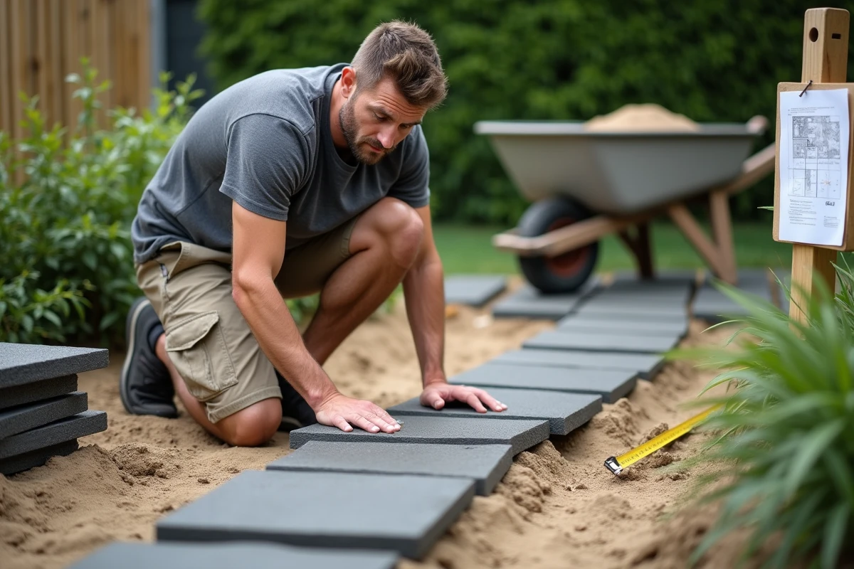 Homme posant des pavés dans une allée de jardin en suivant un plan conçu avec Kozikaza Leroy Merlin