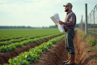 Homme avec plans de construction dans un champ rural