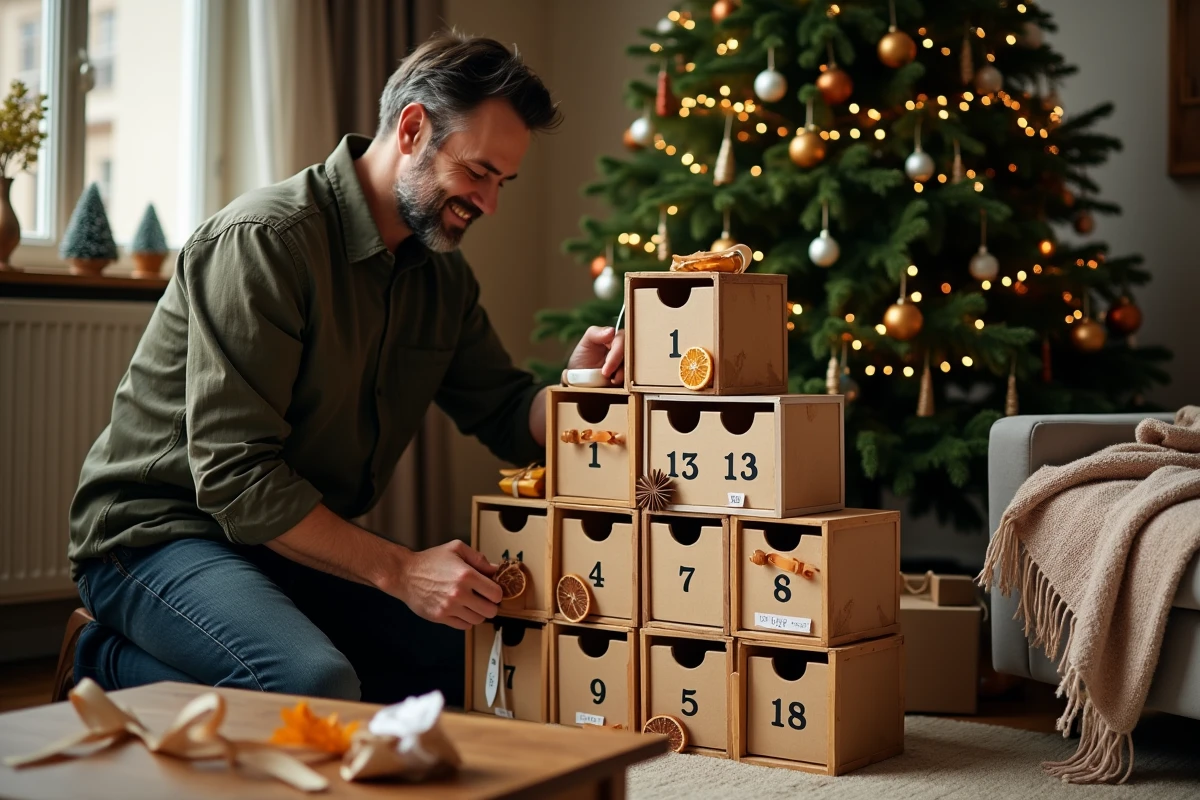Homme remplissant un calendrier de l'avent DIY en caisses en bois numérotées près d'un sapin de Noël décoré