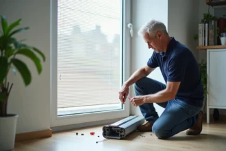 Homme d'âge moyen répare un volet roulant dans un salon moderne