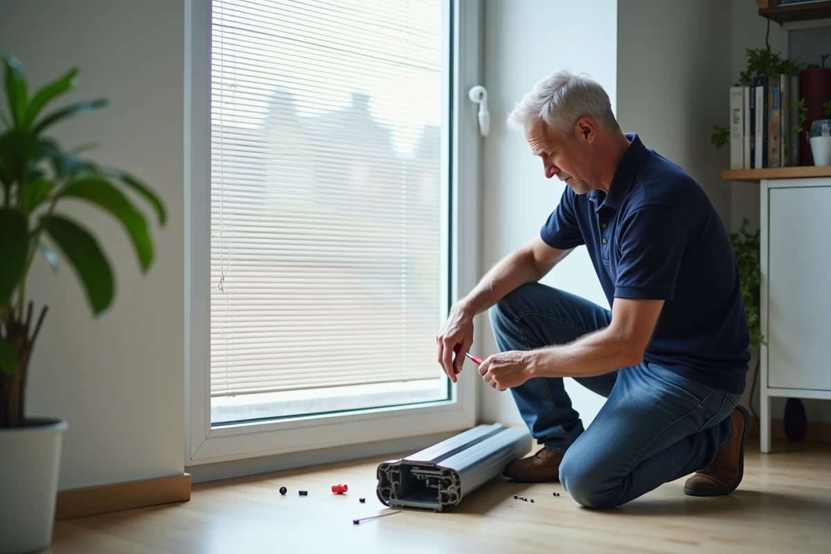 Homme d'âge moyen répare un volet roulant dans un salon moderne