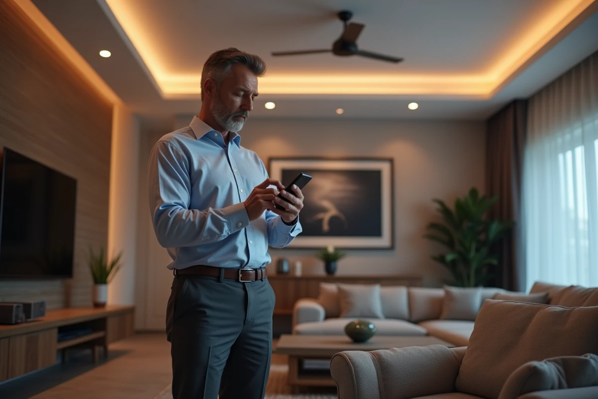 Homme ajustant une application smartphone dans un salon