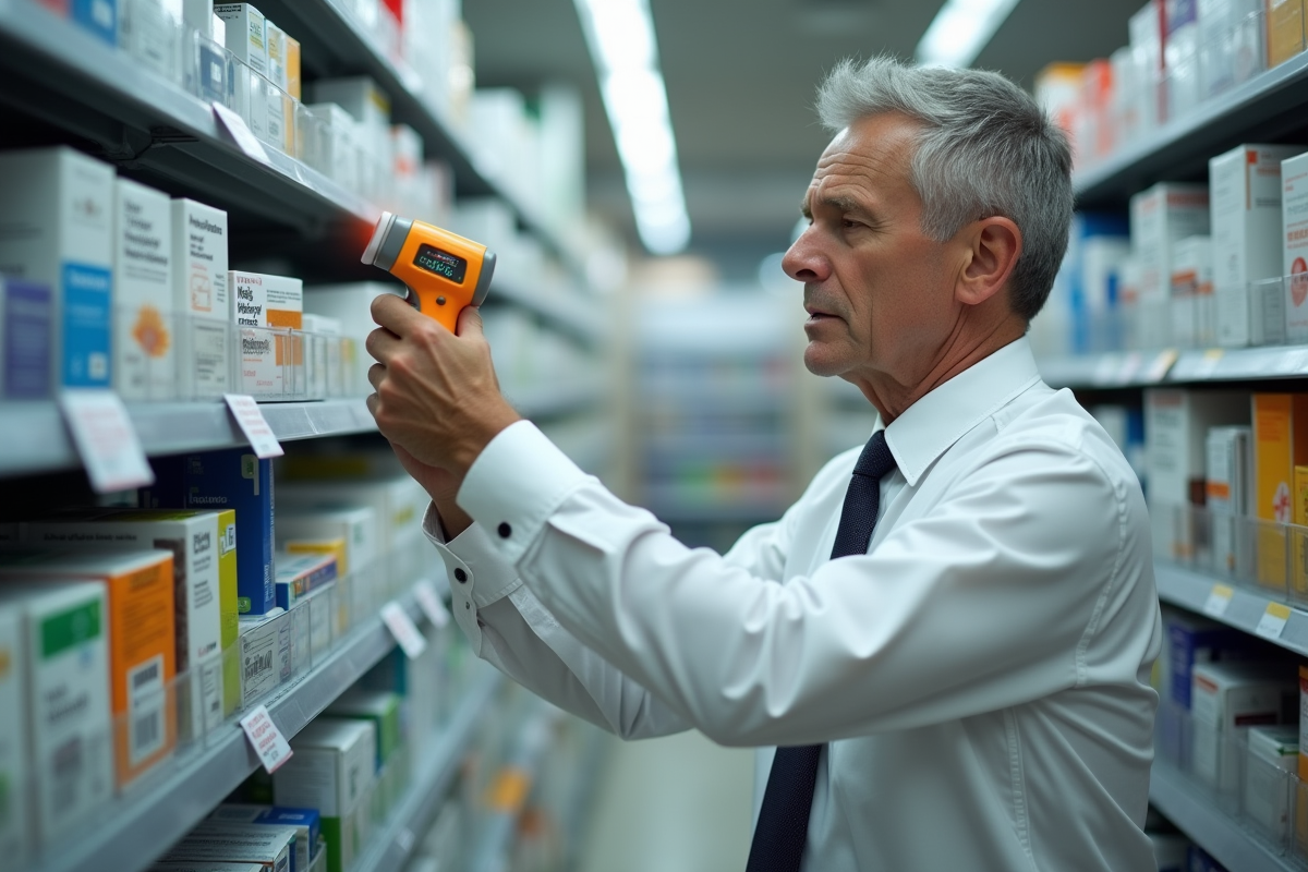 Homme examinant un thermometre dans une pharmacie