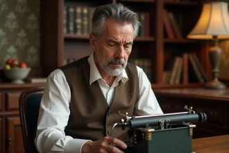 Homme d'âge moyen examinant une machine à écrire vintage