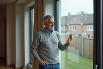 Homme d'âge moyen touchant une fenêtre triple vitrage moderne