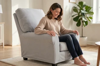 Femme installée dans un fauteuil relax recouvert d'une housse extensible grise dans un salon scandinave lumineux